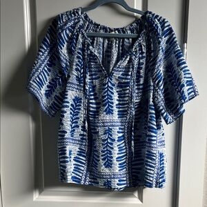 LOFT Blue and White Leaf Print Blouse